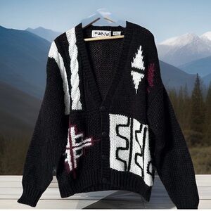 Vintage Forum Sweater M Black Funky Geo Button Down 80s Cosby Grandpa Cardigan